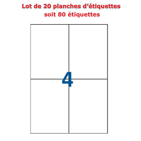 Lot de 20 planches étiquettes autocollantes blanches sur feuille a4 : 105 x 148 5 mm (4 étiquettes)