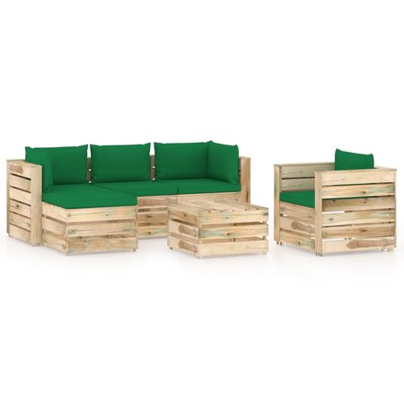 vidaXL Salon de jardin 6 Pièces avec coussins Bois imprégné de vert