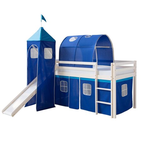 Lit Simple Blanc 90x200 en hauteur avec echelle Rideau Tour Tunnel Bleu et toboggan