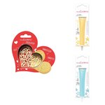 Kit pour biscuit en relief Coeur + 2 Stylos au chocolat jaune pastel et bleu pastel