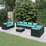 vidaXL Salon de jardin 9 Pièces avec coussins Résine tressée Noir