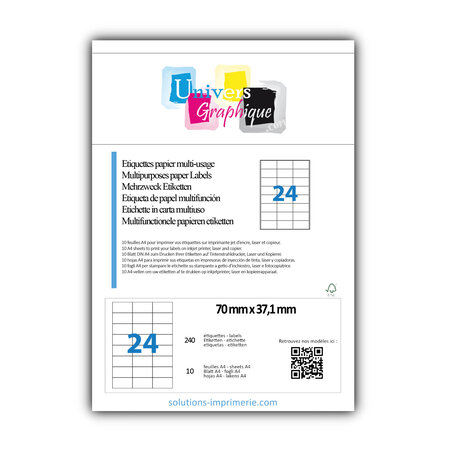 Lot de 10 planches a4 de 24 étiquettes à bords vifs 70 x 37,1 mm en papier blanc 70g/m² multifonction