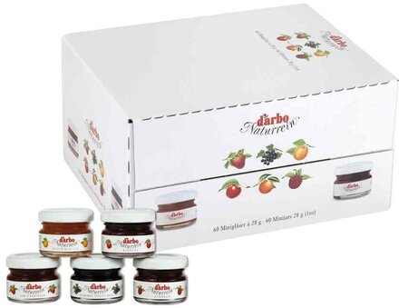 Carton de 60 Mini Pots en Verre 28g Confiture Exquise 5 Parfum Assortis DARBO