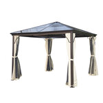 Tonnelle pavillon de jardin imperméable 4 parois latérales anti-UV 4 moustiquaires panneaux polycarbonate alu 3L x 3l x 2 6H m chocolat beige