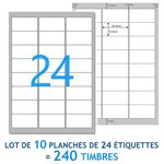 Lot de 10 planches a4 de 24 étiquettes  spéciales timbre - 6,35 x 3,39 cm - 240 étiquettes