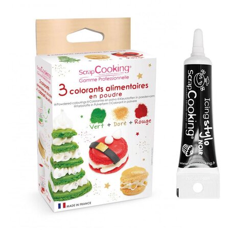 3 colorants en poudre vert rouge et doré + Stylo glaçage noir