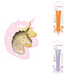 Kit pour biscuit en relief Licorne + 2 Stylos au chocolat orange et lilas