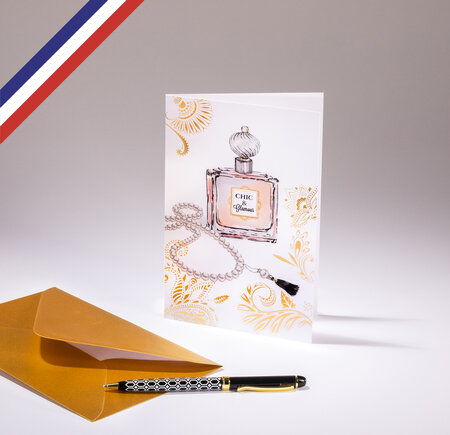 Carte double very chic créée et imprimée en france - bouteille de parfum