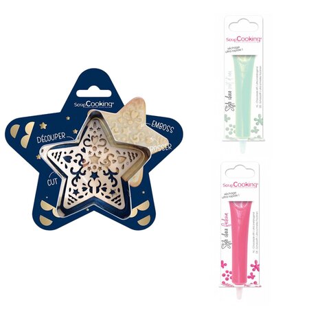 Kit pour biscuit en relief Étoile + 2 Stylos au chocolat vert d'eau et fuchsia