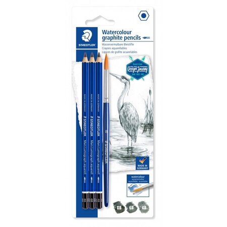 Lot de 3 crayons graphite aquarellable assortis + 1 pinceau - mars lumograph aquarell 100a staedtler