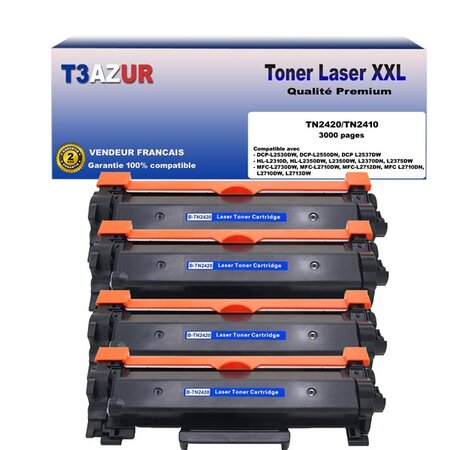 4 toners compatibles avec brother tn2420 pour brother mfc-l2712dn  l2712dw  l2710dn  l2710dw  l2713dw  l2715dw - 3 000 pages - t3azur
