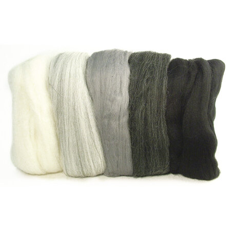 Laine cardée Mérino  extra fine  teinte noire - blanche - grise  18 mic  5  couleurs à 10 g
