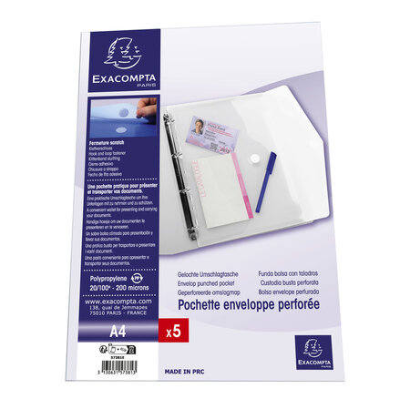 Sachet De 5 Pochettes-enveloppes Perforées Polypropylène - A4 - X 10 - Exacompta
