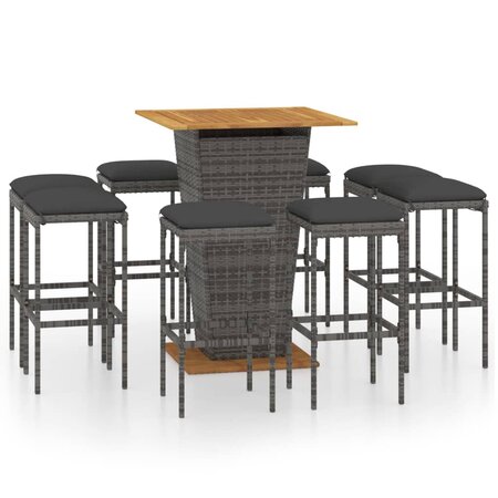 vidaXL Ensemble de bar de jardin 9 Pièces et coussins Résine tressée Gris