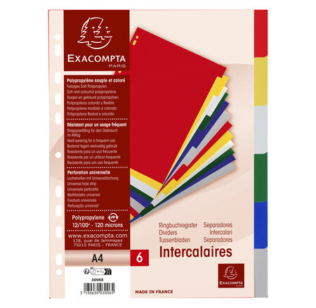 Intercalaires Polypropylène Souple 6 Positions - A4 - Couleurs Assorties - X 100 - Exacompta