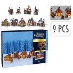 Ambiance Ensemble de figurines de village de Noël avec lumière 9 Pièces