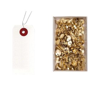 50 étiquettes blanches fil métal + 150 punaises dorées