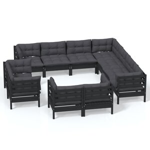 vidaXL Salon de jardin 11 Pièces avec coussins Noir Bois de pin massif