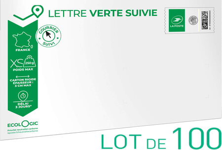 Prêt-à-Poster - Lettre verte suivie - XS - Pochette cartonnée 26 x 16,5 cm – épaisseur 3 cm - Lot de 100