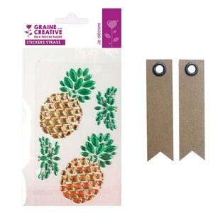 4 stickers strass 15 x 9 5 cm Ananas + 20 étiquettes kraft Fanion