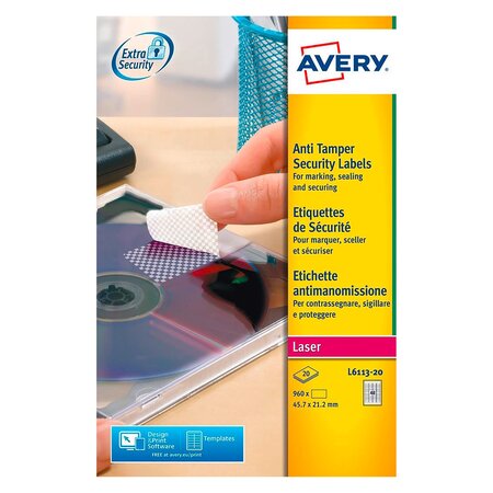 Etiquette de sécurité laser 45 7 x 21 2 mm avery l6113-20 blanche - pochette de 960