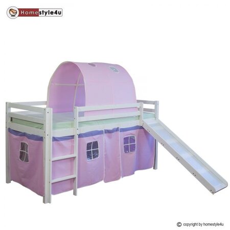 Lit Simple Blanc 90x200 en hauteur avec echelle Rideau et Tunnel Rose et Toboggan