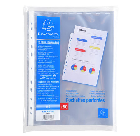 Sachet De 50 Pochettes Perforées Polypropylène Lisse 6/100e - A4 - X 20 - Exacompta
