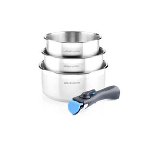 ARTHUR MARTIN 5531 Set de 3 casseroles Inox  16-18-20 cm + 1 poignée - Tous feux dont induction