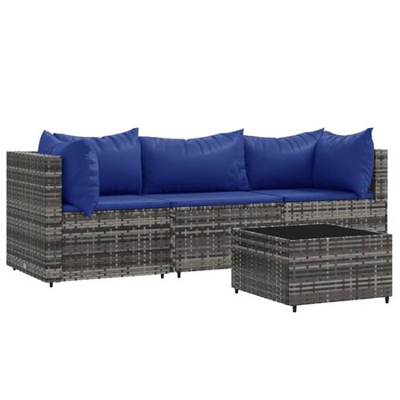 vidaXL Salon de jardin 4 Pièces avec coussins Gris Résine tressée