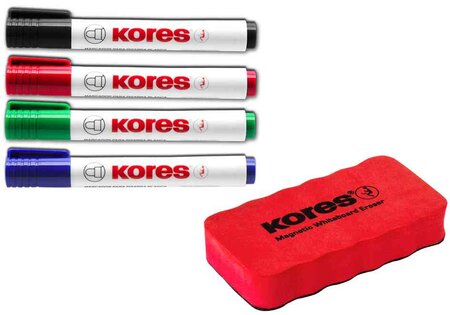 Kit de marqueurs pointe ogive pour tableau blanc  4 marqueurs + effaceur kores