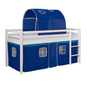 Lit Simple Blanc 90x200 en hauteur avec echelle rideau et tunnel Bleu