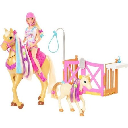 Barbie - coffret toilettage chevaux avec poupée barbie  2 chevaux et + de 20 accessoires - accessoire poupée mannequin - des 3 ans