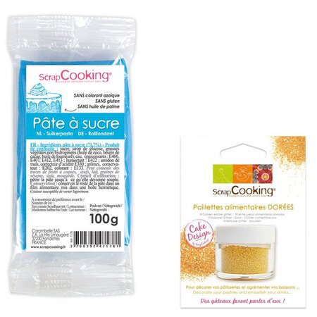 Pâte à sucre bleue 100 g + paillettes dorées