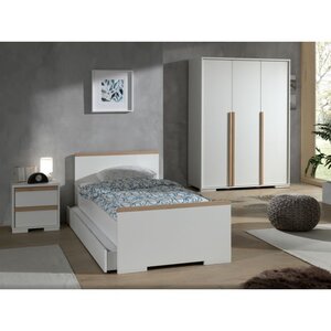 LONDON Lit Blanc + Chevet 2 tiroirs Blanc + Armoire 3 Portes Blanc mat + Lit gigogne