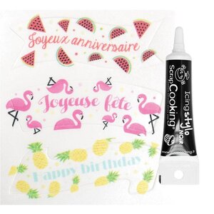 Décorations azyme Joyeux anniversaire Tropical + Stylo glaçage noir