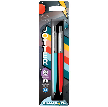 Jotter OG Glam Rock 70’s - 2 Stylos bille - Bleu Azur + Vermillon - recharge bleue pointe moyenne - sous blister