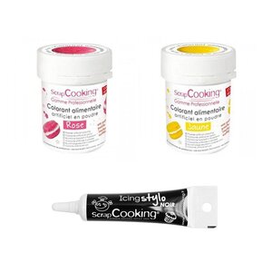 2 colorants alimentaires rose-jaune + Stylo glaçage noir