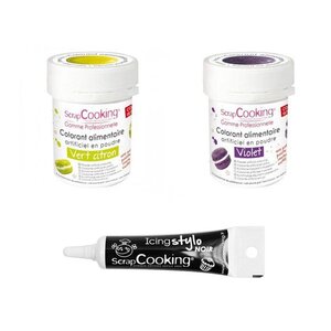 2 colorants alimentaires violet-vert citron + Stylo glaçage noir