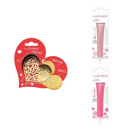 Kit pour biscuit en relief Coeur + 2 Stylos au chocolat rose pastel et fuchsia