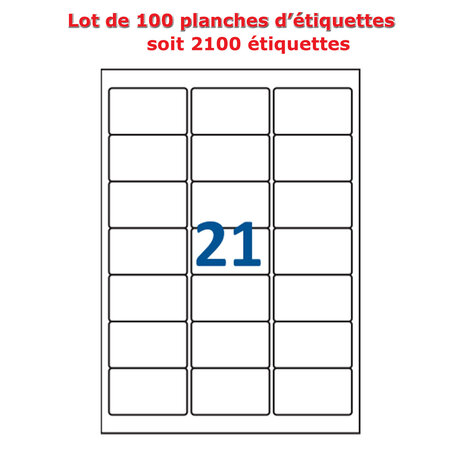 Lot de 100 planches étiquettes autocollantes blanches sur feuille a4 : 63 5 x 38 1 mm (21 étiquettes)
