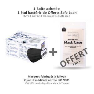 50 Masques chirurgicaux CE fabriqué à Taïwan de qualité médicale - Filtration ≥ à 99% - Type II CE EN14683:2019 - Coloris NOIR + 1 Etui bactéricide offert