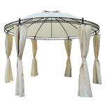 Tonnelle pavillon de jardin rond dim. Ø 3 5L x 2 75H m double toit 6 rideaux latéraux polyester crème métal époxy noir
