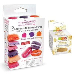 3 colorants alimentaires orange  violet  rose + paillettes dorées