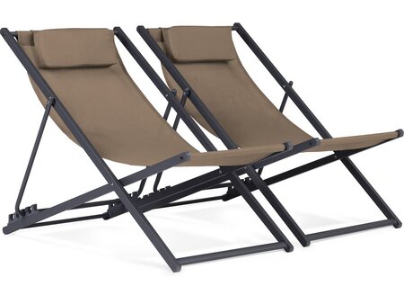 Lot de 2 Chiliennes métal en textilene - Avec têtière - Taupe