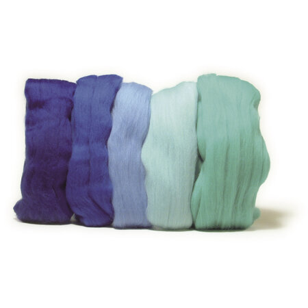 Laine cardée Mérino  extra fine  Teintes bleues  18 mic  5  couleurs à 10g