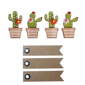 4 autocollants bois Cactus 6 5 cm + 20 étiquettes kraft Fanion