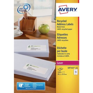 Etiquettes auto-adhésives d'adresses recyclées, faciles à décoller,  99,1 x 33,9 mm - 100 feuilles, 16 étiquettes par feuilles a4 - blanches (paquet 1600 unités)