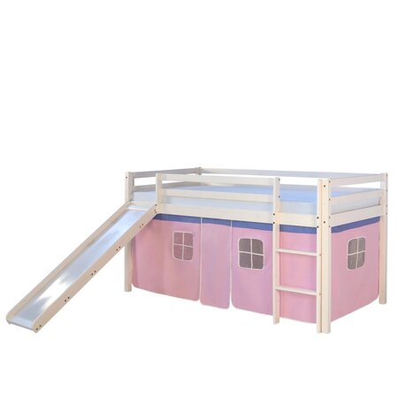 Lit Simple Blanc 90x200 en hauteur avec echelle et rideau rose et toboggan