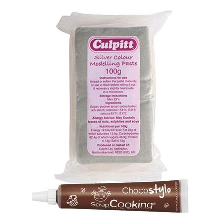 Pâte à sucre argentée 100 g + stylo chocolat
