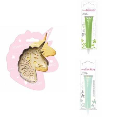Kit pour biscuit en relief Licorne + 2 Stylos au chocolat vert clair et vert d'eau
